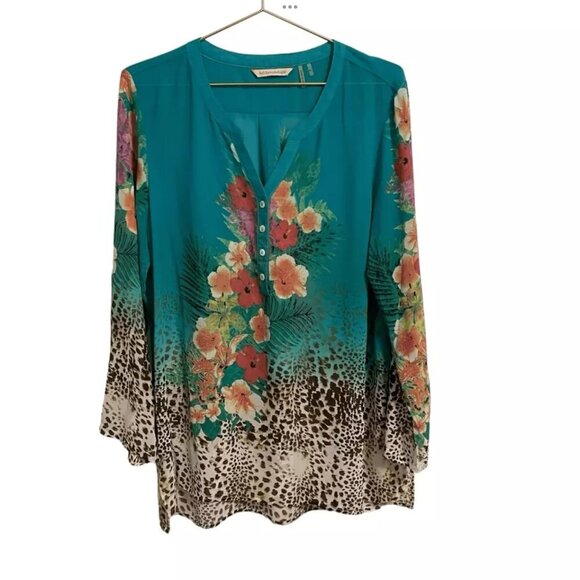 Soft Surroundings Symphony Night Floral Animal Print Tunic Top M Roll Tab Sleeve - Picture 1 of 16